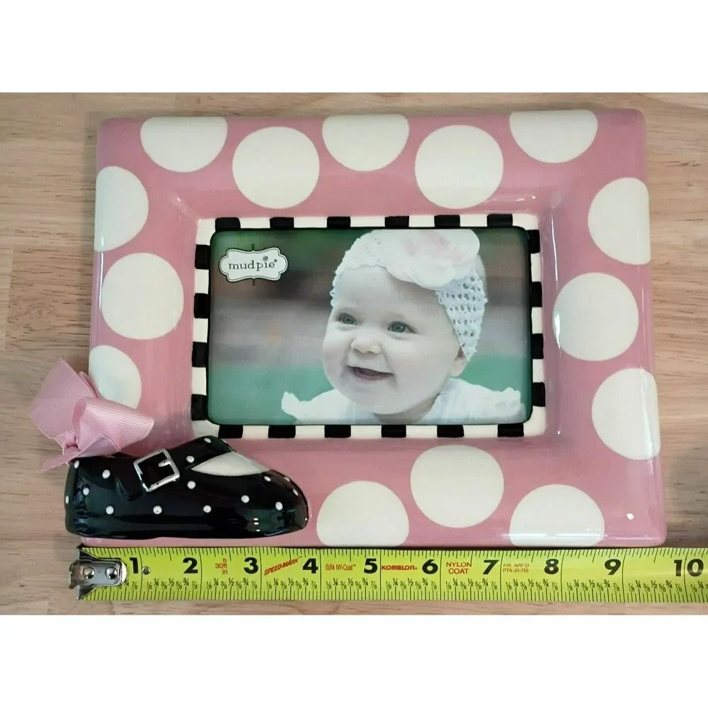 Mudpie Ceramic Baby Girl Photo Picture Frame Pink Polka Dot Bootie Nursery Deco